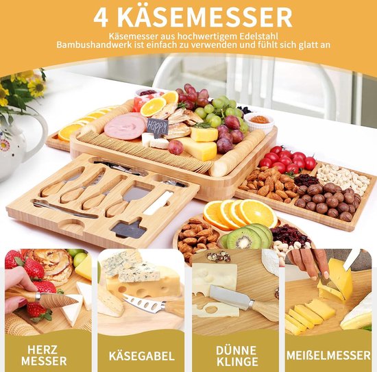 Luxe Kaasplank van Bamboe met 3 Messen Luxe Kaasplank van Bamboe met 3 Messen
