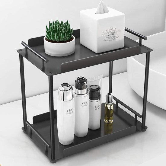 Uitbreidbare keukenplankorganizer, 35-65 cm, zwart, keukenkastplank, opvouwbaar opbergrek van metaal, stapelbaar kruidenrek voor servies en