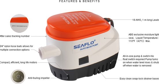 Seaflo Automatische Bilgepomp 12Volt - waterpomp - 47L/min - 600GPH - voor slang 19mm. - SeaFlo