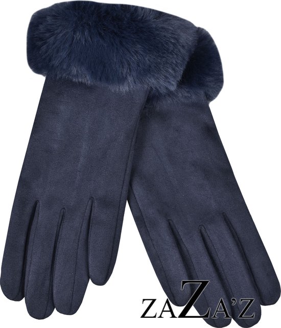 blauwe handschoenen-dames- suède look- touchscreen- nepbont