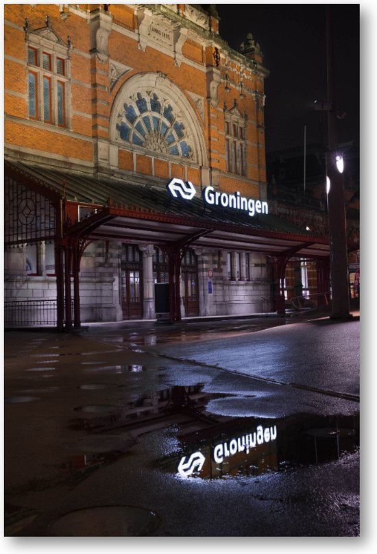 Midnacht op het spoor - Station Groningen - Foto op Dibond