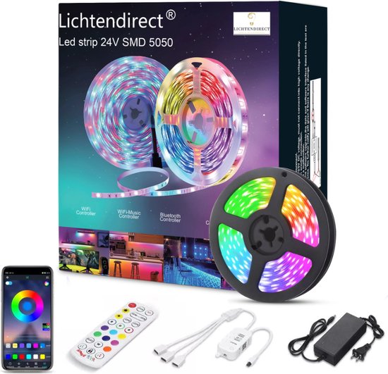 Lichtendirect-LED Strip - 20 meter - RGB verlichting - dimbaar - met afstandsbediening- Bluetooth - zelfklevend-Led light strip | Led lights | Led strips | Ledstrip