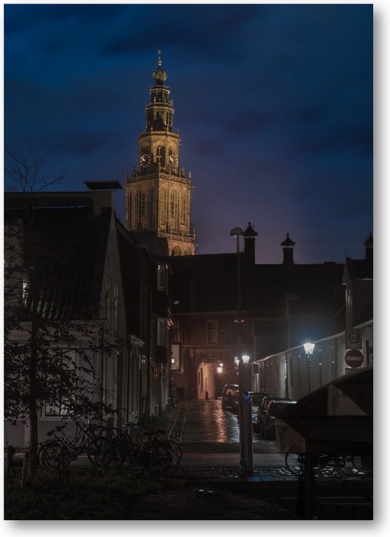 Nachtwake: Martinitoren - Turfsingel bij Avond - Foto op Dibond 50x70