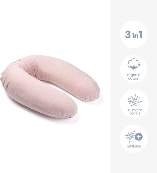 Doomoo Buddy - Voedingskussen - Zwangerschapskussen - Zijslaapkussen met superfijne en extra stille microkorrels - Bio katoen - 180cm - Chiné Pink van Doomoo — afbeelding 2