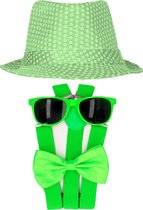 Toppers - Carnaval verkleed set compleet - glitter hoedje/bretels/party bril/strikje - fluor groen - heren/dames - verkleedkleding