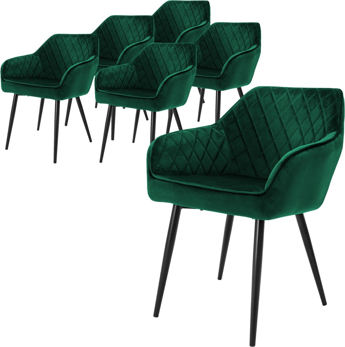 ml-design Eetkamerstoelen set van 6 met armleuningen en rugleuning, donkergroen stoelen met comfortabele fluweel bekleding, stevige keukenstoelen met zwarte metalen poten, ergonomische en moderne stoelen voor eetkamer en woonkamer in huis
