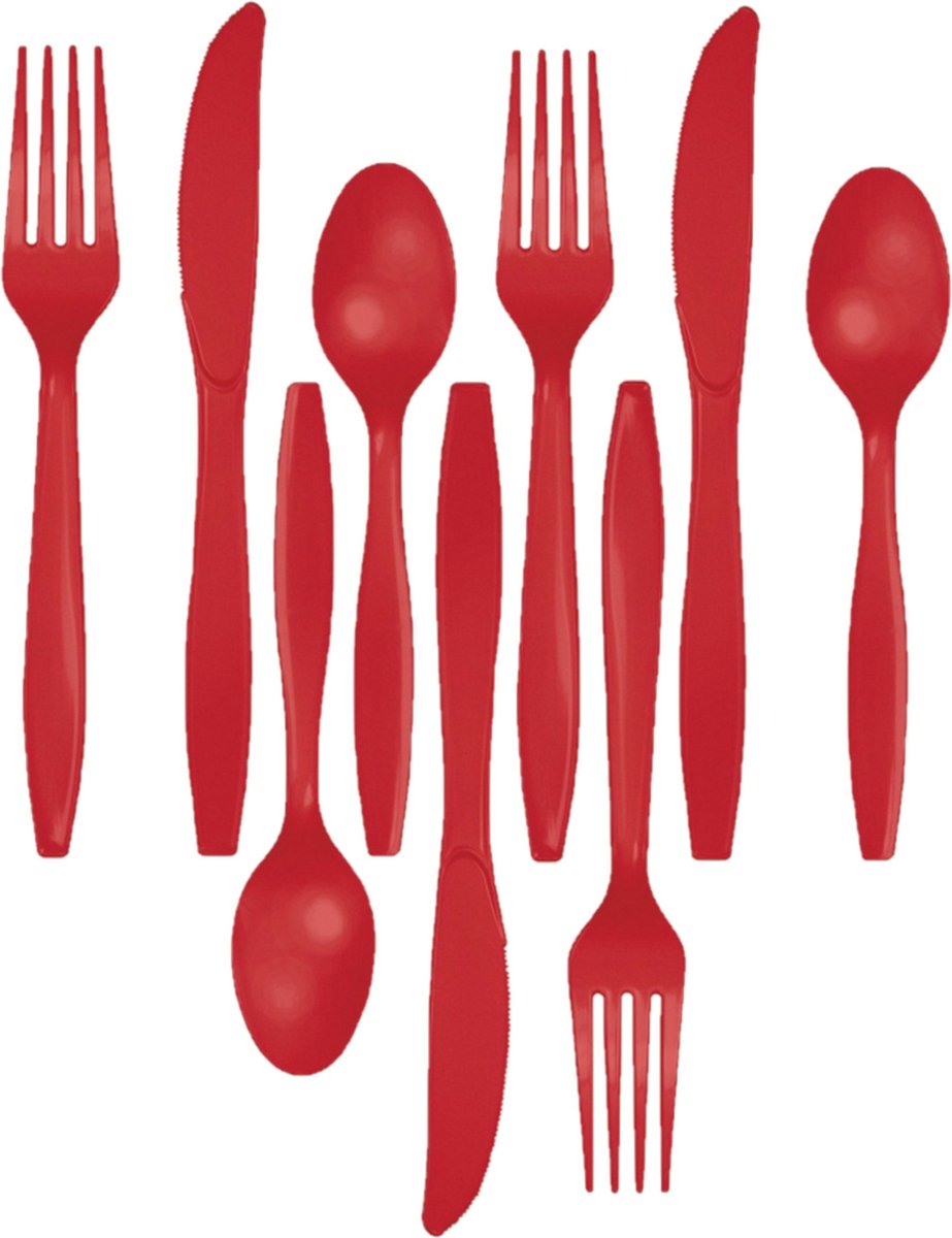 Kunststof bestek party bbq setje 72x delig rood messen vorken lepels herbruikbaar