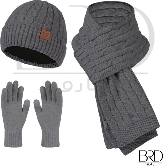 BRD® Winter | Winter set van wol voor volwassenen Grijs - gevoerde muts, sjaal en handschoenen - Set van 3 delig - gebreid unisex mannen vrouwen dames