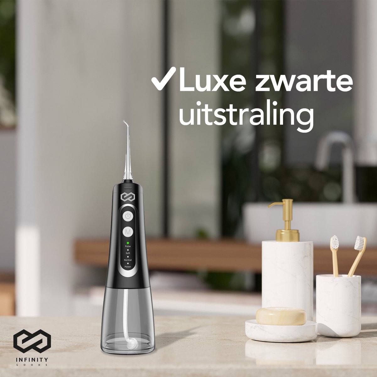 Infinity Goods Waterflosser - Monddouche - Elektrisch Flosapparaat - Draadloos En Oplaadbaar - 5 Opzetstukken - Zwart thumbnail 2