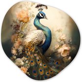 Organische wanddecoratie 60x60 cm - Organisch schilderij Pauw - Pauwenveren - Bloemen - Vogels - Botanisch - Kunststof muurdecoratie - Woonkamer schilderijen - Organische spiegel vorm op kunststof