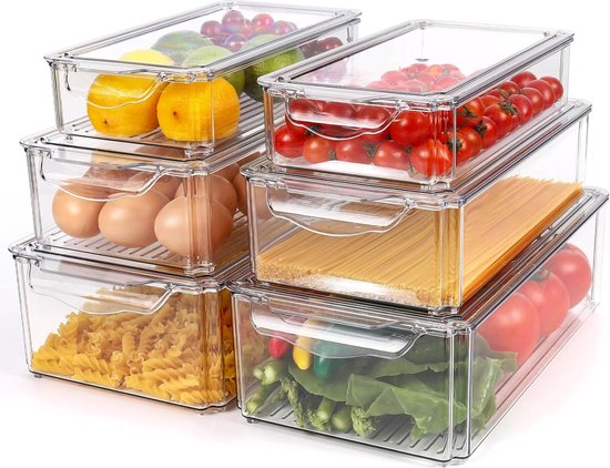 Koelkastorganizer, set van 6, opbergdoos, transparante koelkastdeur, organizer, container, koelkastdozen voor koelkast, kast, eetkamer, snacks, blikjes, BPA-vrij Koelkastorganizer, set van 6, opbergdoos, transparante koelkastdeur, organizer, container, koelkastdozen voor koelkast, kast, eetkamer, snacks, blikjes, BPA-vrij