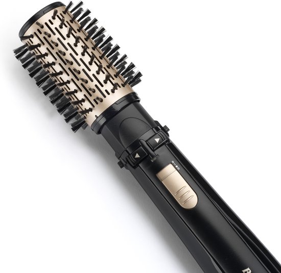 Zwarte BaByliss roterende föhnborstel met goudkleurige details en instellingen.