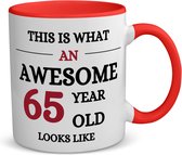 Akyol - une superbe tasse à café de 65 ans - tasse à thé - rouge - Hourra 65 ans - 65 ans - cadeau d'anniversaire - cadeau pour grand-père - contenu 350 ML