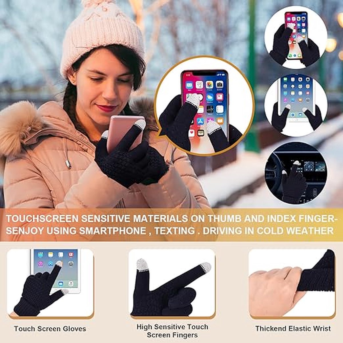 Enwokran Kinder Wintermuts Sjaal Handschoenen Set - Warme Thermische Gebreide Beanie-muts Snood Nekwarmer Touchscreen-wanten Zachte Fleece Voering Elastisch voor Kinderen van 5-12 Jaar Outdoor Sport