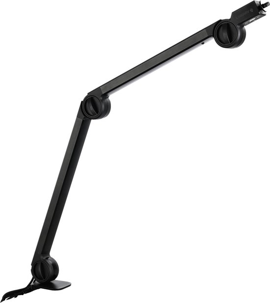 Zwarte microfoonarm met CHERRY logo, bevestigd aan een bureau.