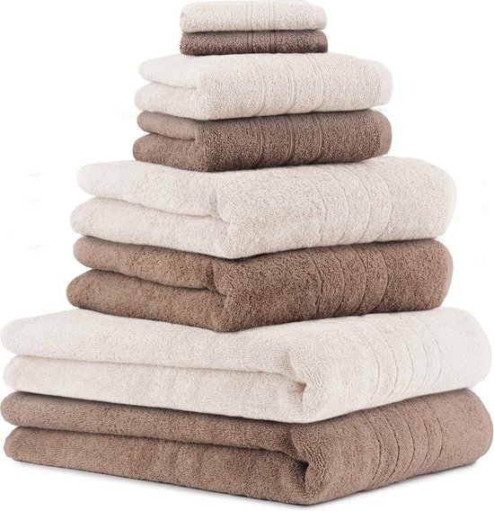 Badhanddoek Saunahanddoeken Set DELUXE 8 stuks badlakens handdoeken en gezichtsdoeken, mokka en roomkleurig.