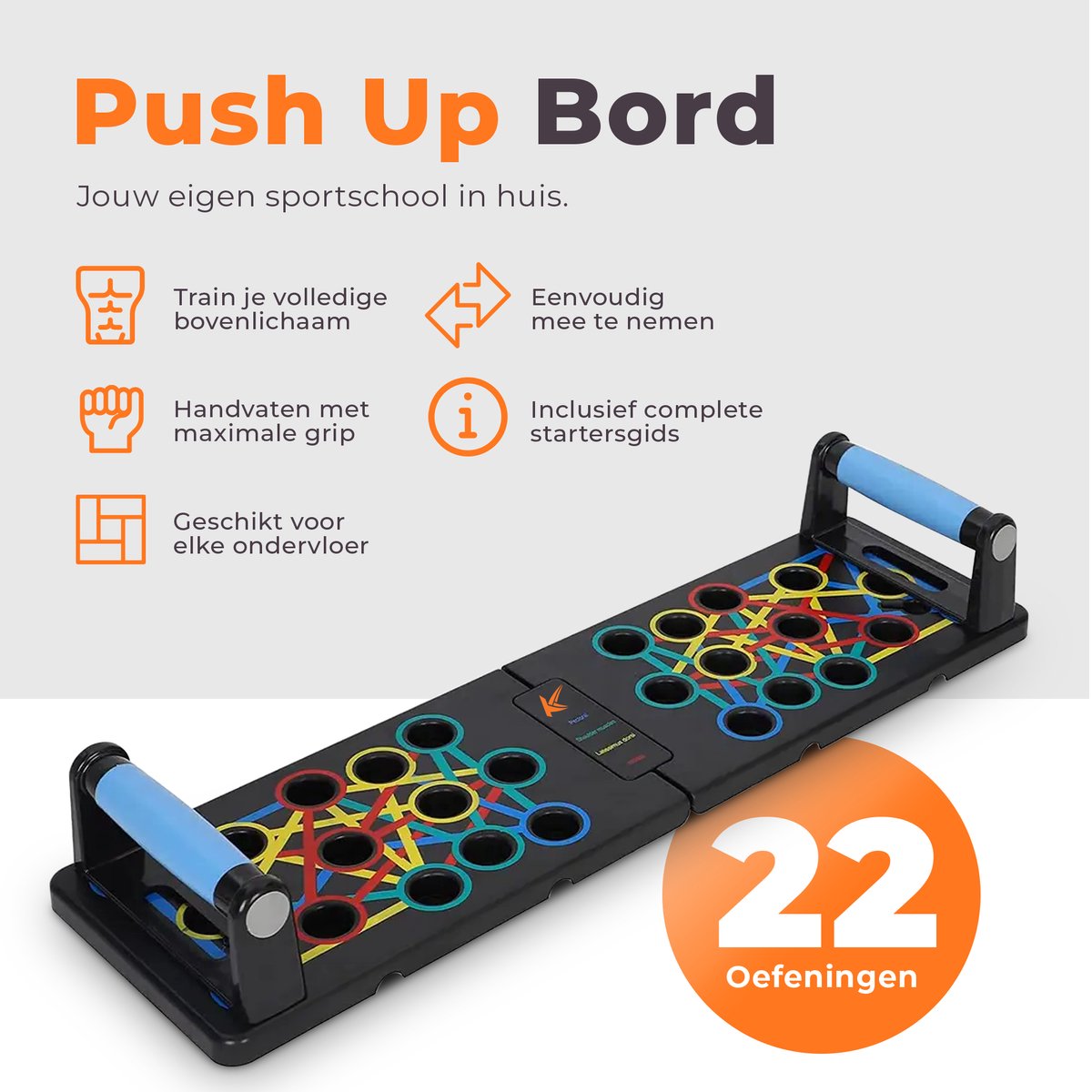 InnovaGoods - Multifunctional Push-Up Board with Resistance Bands, Includes Training Guide, Anti-Slip Grips, Adjustable Intensity, Compact and Portable, ABS and Rubber, Black, Orange, Yellow