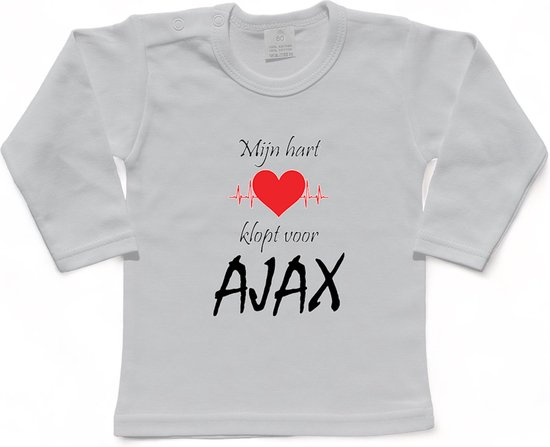 Amsterdam Kinder t-shirt Lange Mouw | "Mijn hart klopt voor AJAX | Verjaardagkado | verjaardag kado | grappig | jarig | Amsterdam | AJAX | cadeau | Cadeau | Wit/zwart/rood/zwart | Maat 98