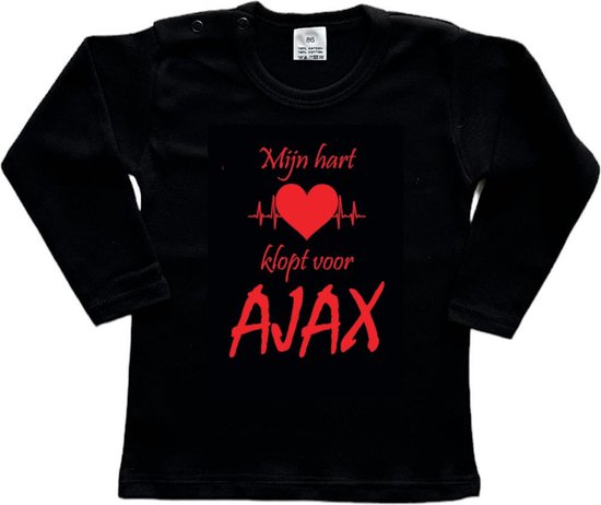 Amsterdam Kinder t-shirt Lange Mouw | "Mijn hart klopt voor AJAX | Verjaardagkado | verjaardag kado | grappig | jarig | Amsterdam | AJAX | cadeau | Cadeau | Zwart/rood | Maat 74