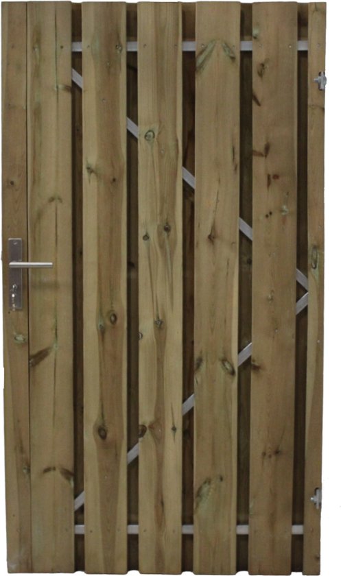 Foto: Schuttingdeur tuinpoort grenen inclusief stalen frame en cilinderslot 150 x 180 rechtsdraaiend