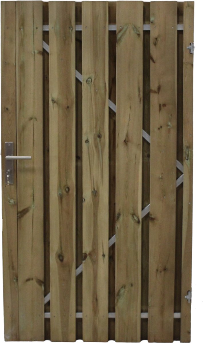 Schuttingdeur tuinpoort grenen inclusief stalen frame en cilinderslot 150 x 180 rechtsdraaiend