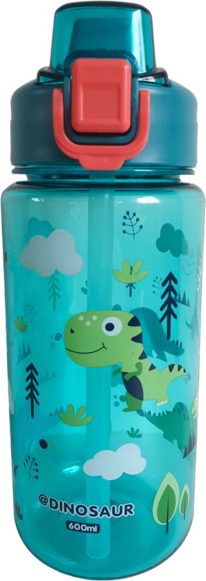 Drinkfles - Waterfles kinderen - Met rietje - Anti-lek - Dino - 600ml