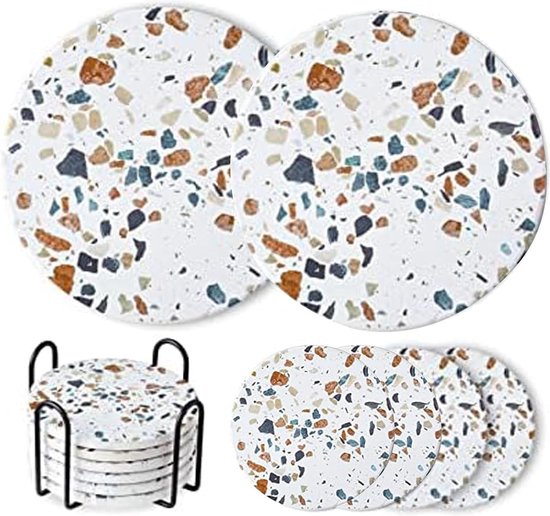 Onderzetters voor dranken Set van 4, marmeren grijs abstracte ronde absorberende keramische stenen onderzetter met kurkbasis voor kopje koffiemokken, housewarming cadeau