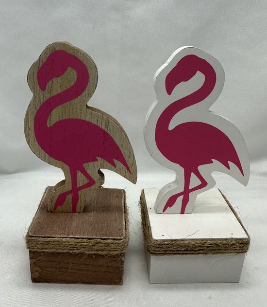 Decoratieve houten flamingo's op standaard - Set van 2 stuks - Houtkleurig + roze - hoogte 15x6cm - Woonaccessoires - Flamingo's