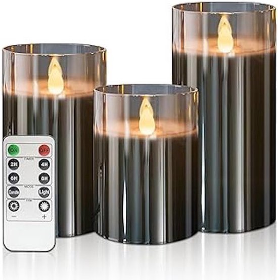LED Kaarsen 3 stuks-Batterijkaarsen, zuilkaarsen Werkt op batterijen met afstandsbediening en timer, grijs glas