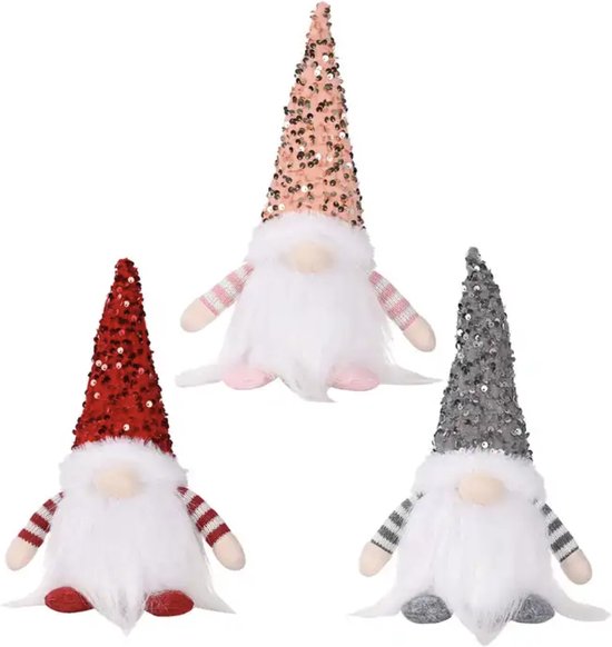MOZY - Kerst Gnoom - 3 stuks - Rood + Roze + Zilver - met Verlichting - 30 cm - Glitter Pailletten - Gnome - Gnomen - Kerstversiering - Kerst Decoratie - Kerstboom Versiering