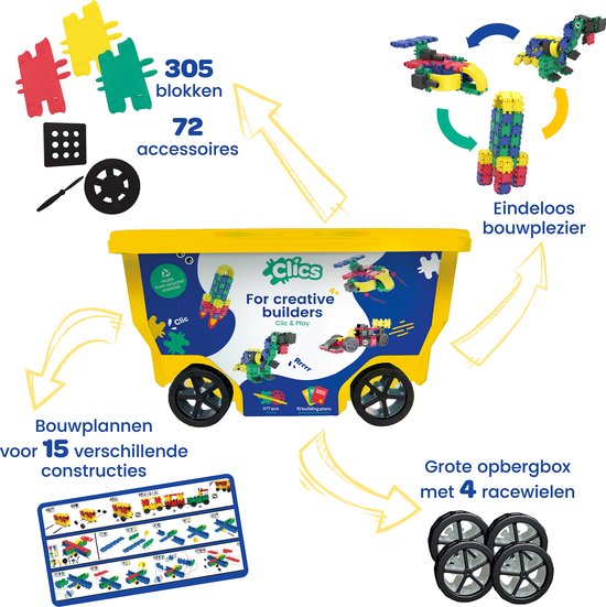 Clics bouwblokken– DUURZAAM SPEELGOED gemaakt van GERECYCLEERDE kunststof- bouwset 15 in 1 - speelgoed 4,5,6,7,8 jaar jongens en meisjes- educatief speelgoed- Montessori speelgoed- constructie speelgoed