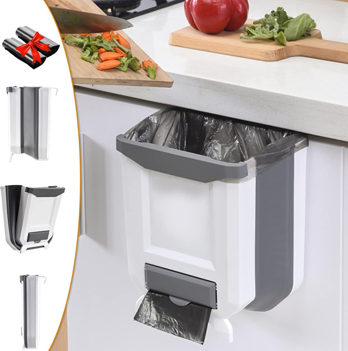 Goedkoopste Opknoping Prullenbak, Opvouwbare Keukenbakken Opknoping Voedsel Afvalbak Met Prullenzak Opslag, 9L Kastbakken voor Keukenkastdeur, Badkamer, Auto, Camping (Wit Grijs