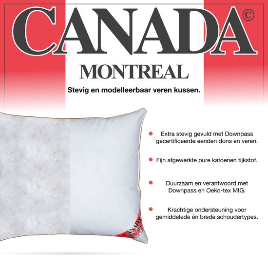 Close-up van een witte kussen met bruine bies en het "Canada Montreal" logo en productinformatie.