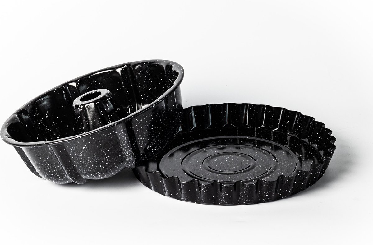 Royalty Line® CP2 Bakvorm - Set van Cakevorm en Taartvorm - Ø 23/25 cm - Tulband Bakvorm - Anti-aanbaklaag - Bakvormen - Quichevorm - Springvorm - Zwart