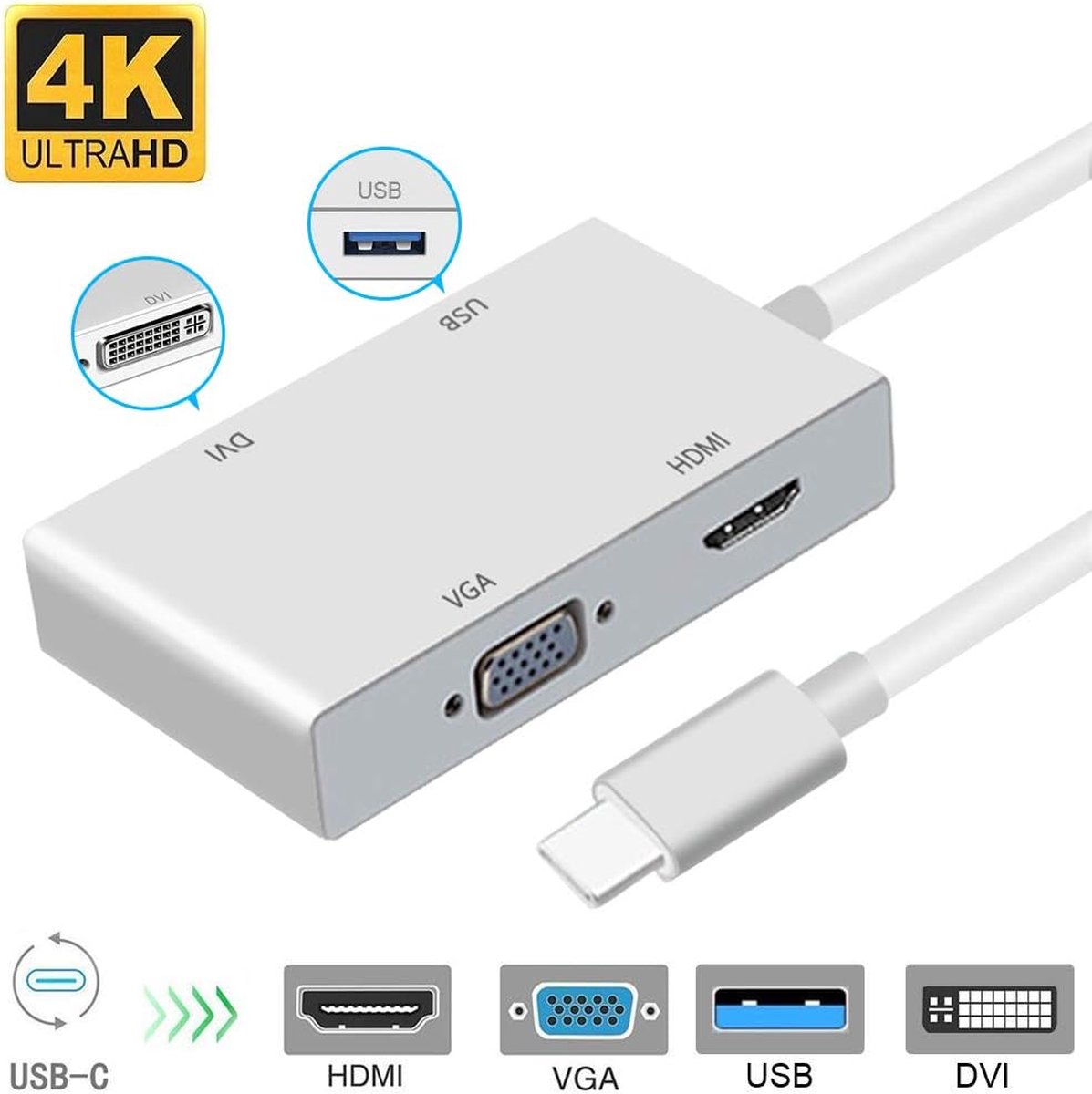USB C naar DVI adapter Weton USB 3.1 type C naar 4K DVI HDMI 1080P VGA USB 3.0 USB hub multiport videoconverter voor MacBook/MacBook Pro/Chromebook Pixel/Samsung Galaxy S8/S8P naar HDTV/Monitor/Projector