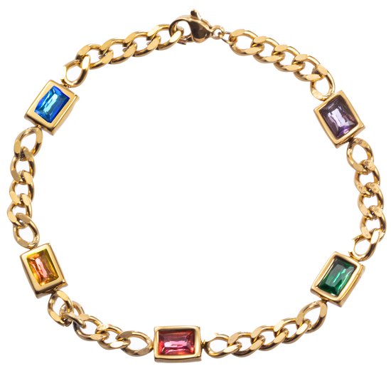 Nouka Dames Armband – Goud Gekleurd – Ingelegd met Multicolor Steentjes - Stainless Steel – Cadeau voor Vrouwen