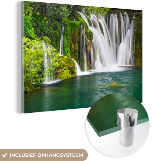 MuchoWow® Glasschilderij 90x60 cm - Schilderij acrylglas - Verschillende watervallen bij het Nationaal park Erawan in Thailand - Foto op glas - Schilderijen