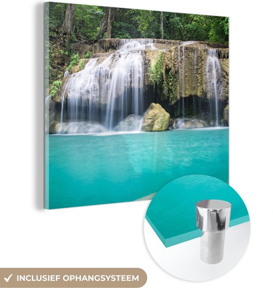 MuchoWow® Glasschilderij 50x50 cm - Schilderij acrylglas - Water - Waterval - Bomen - Foto op glas - Schilderijen