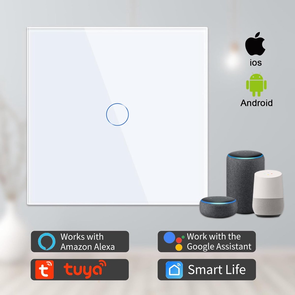New Slimme Schakelaar WiFi 1-voudige Touch Light Switch compatibel met Tuya APP/Alexa Wandschakelaar Glazen schakelaar met kleurwijziging LED
