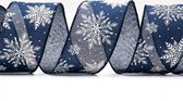 Ruban de Noël avec fil de fer | Ruban aspect lin Look toile de jute | Ruban à tisser de Luxe 63 mm (6,3 cm) | Ruban de Noël flocon de neige | Blauw Marine Wit | ruban de décoration | Ruban de Tissus | Ruban cadeau | Longueur: 3 mètres