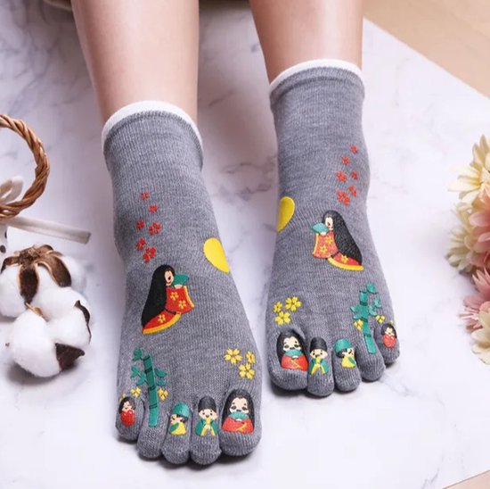 Teen dames sokken - toe socks - grijs - print vogel - 36-40