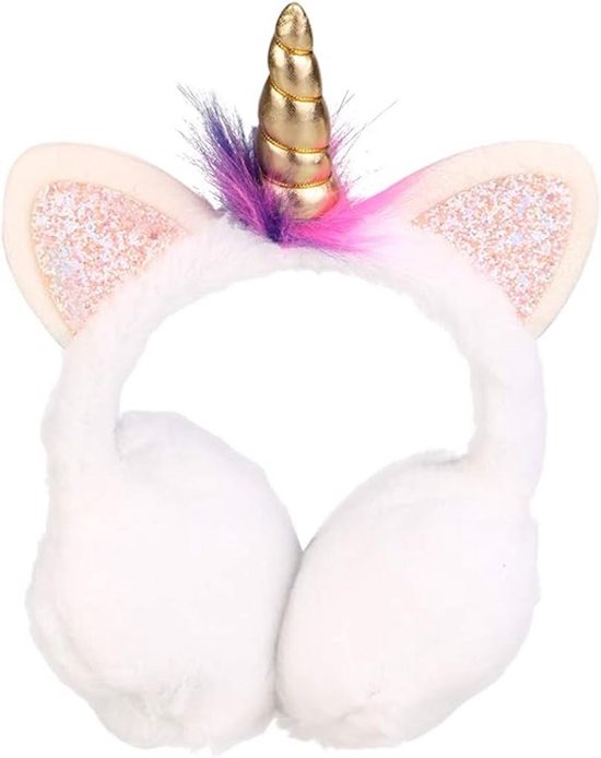 Pluche oorwarmer eenhoorn Wit - voor kinderen/meisjes - Oorbeschermer voor de kou - effectief warm voor je oren - winteraccessoire - one size