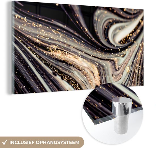 Glasschilderij marmer - Glitter - Goud - Luxe - Marmerlook - Glas schilderij - Glasplaat - Wanddecoratie glas - Woonkamer - 120x60 cm - Slaapkamer decoratie - Foto op glas - Schilderij op glas