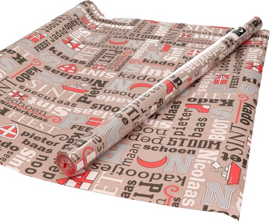 3x Rollen Sinterklaas kadopapier print taupe/rood 2,5 x 0,7 meter op rol 70 grams - Luxe papier kwaliteit cadeaupapier/inpakpapier - Sint en Piet