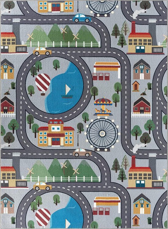 Vloerkleed kinderkamer - Grijs - 240x340 cm - Afwasbaar - Antislip - Tapijt voor jongens en meisjes met een straat en stad - Happy Life by the carpet