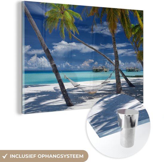 MuchoWow® Glasschilderij 120x80 cm - Schilderij acrylglas - Strand - Zomer - Hangmat - Foto op glas - Schilderijen