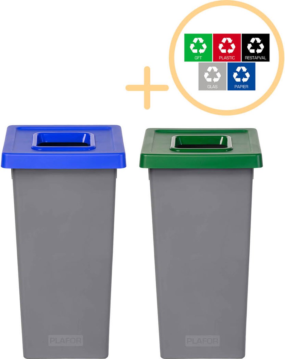 Goedkoopste Plafor Fit Bin Prullenbak voor afvalscheiding - 75L – Set van 2, Blauw/Groen- Inclusief 5-delige Stickerset - Afvalbak voor gemakkelijk Afval Scheiden en Recycling - Afvalemmer - Vuilnisbak voor Huishouden, Keuken en Kantoor - Afvalbakken