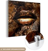 MuchoWow® Glasschilderij 90x90 cm - Schilderij acrylglas - Goud - Lippen - Luxe - Foto op glas - Schilderijen