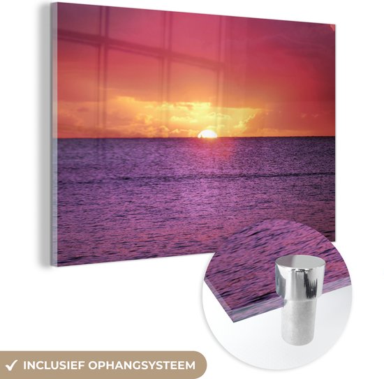 MuchoWow® Glasschilderij 120x80 cm - Schilderij acrylglas - Zonsondergang over paarse zee - Foto op glas - Schilderijen