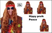 4x Hippie Pruik lang bruin met rode hoofdband - Hippy - Themafeest party 70s and 80s party power flower festival thema